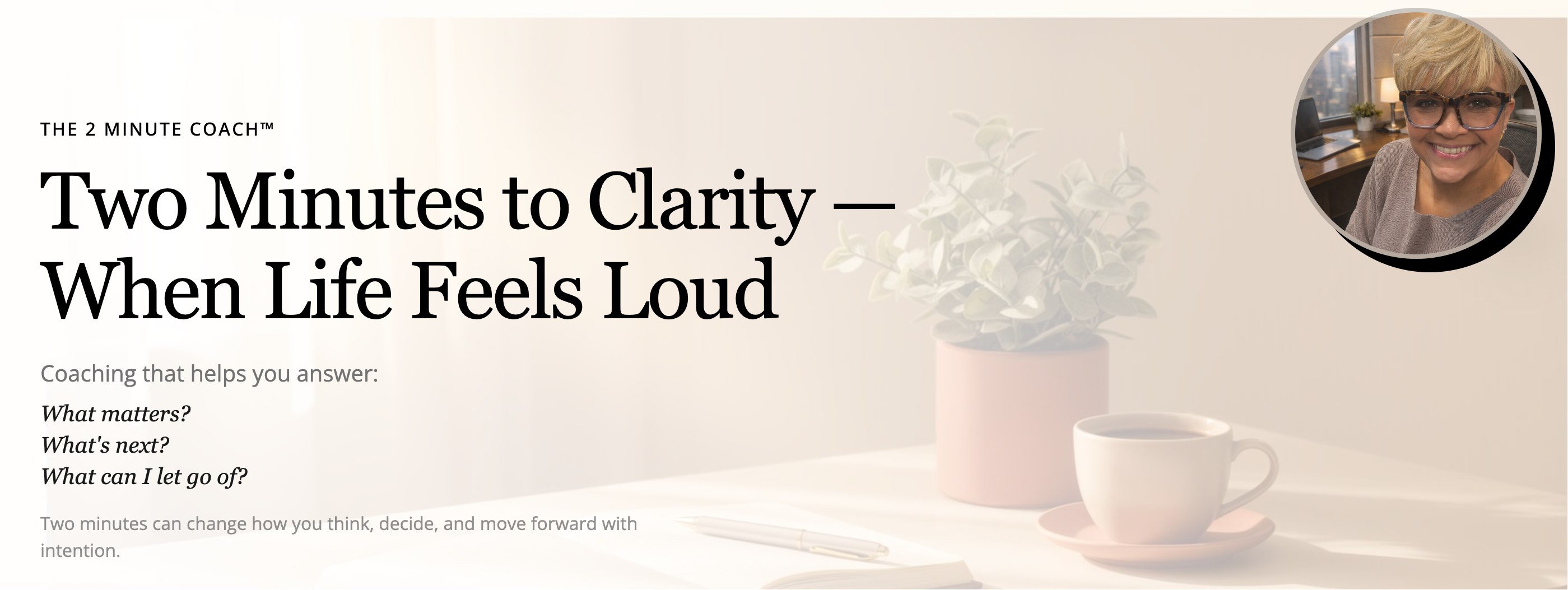 Website homepage with a woman, cup, and plant on a desk